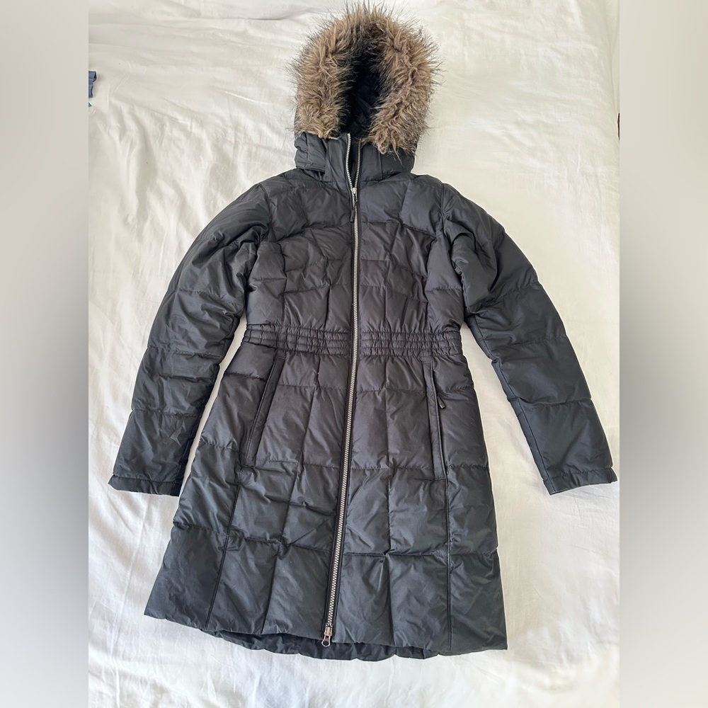 Columbia brand warm feather down filled long winter parka, Size Small